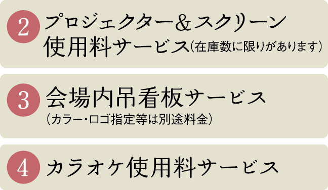 プロジェクター&スクリーン使用料or会場内吊看板orカラオケ使用料サービス